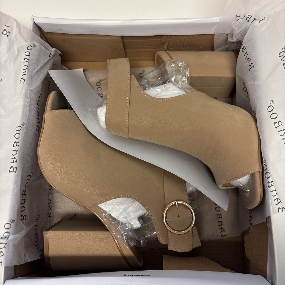 Bamboo Milestone-20 Nudnub Beige Open Toe Block Heel Buckle Booties Women 6 NEW